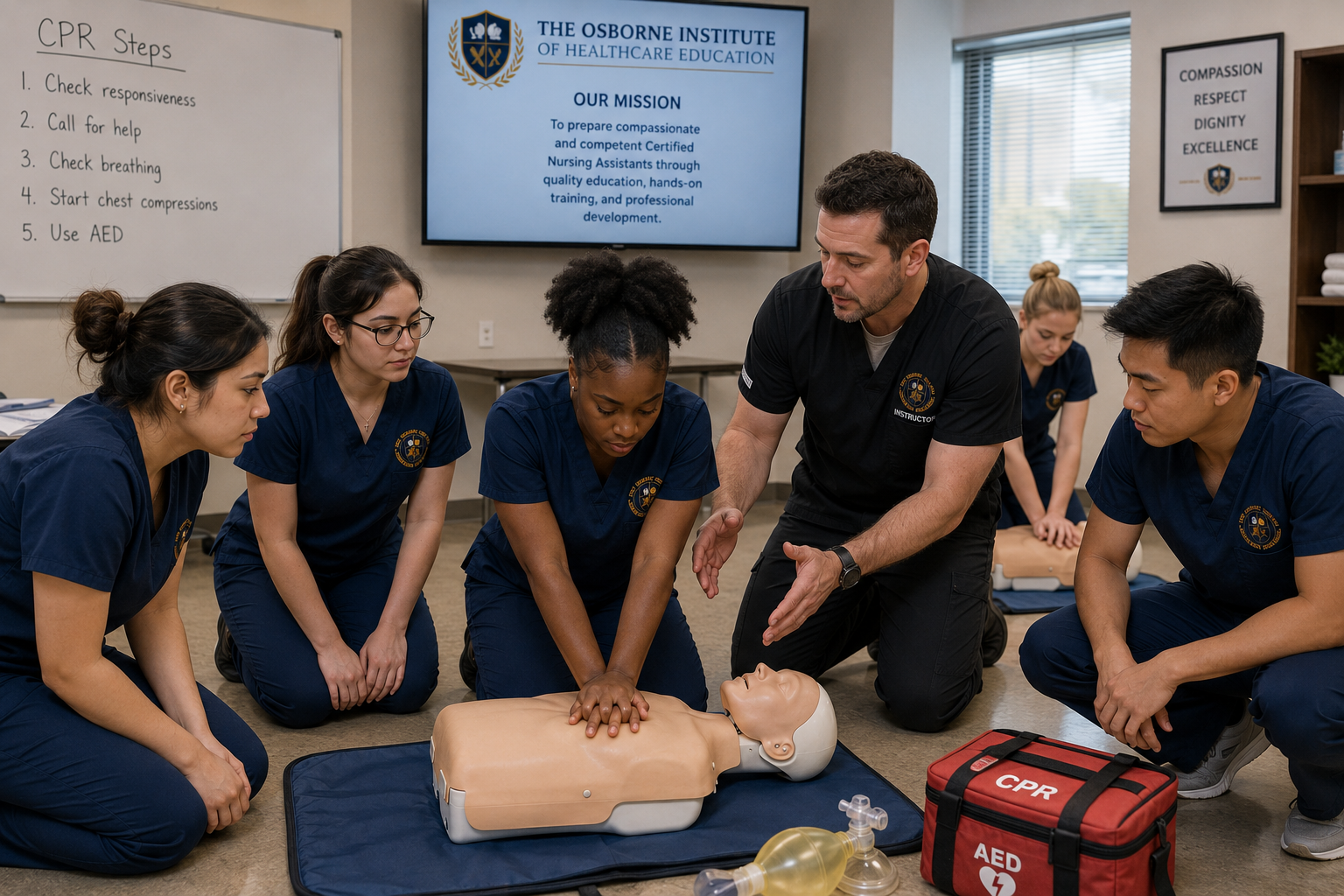 CNA instructor teaching CPR to students at The Osborne Institute