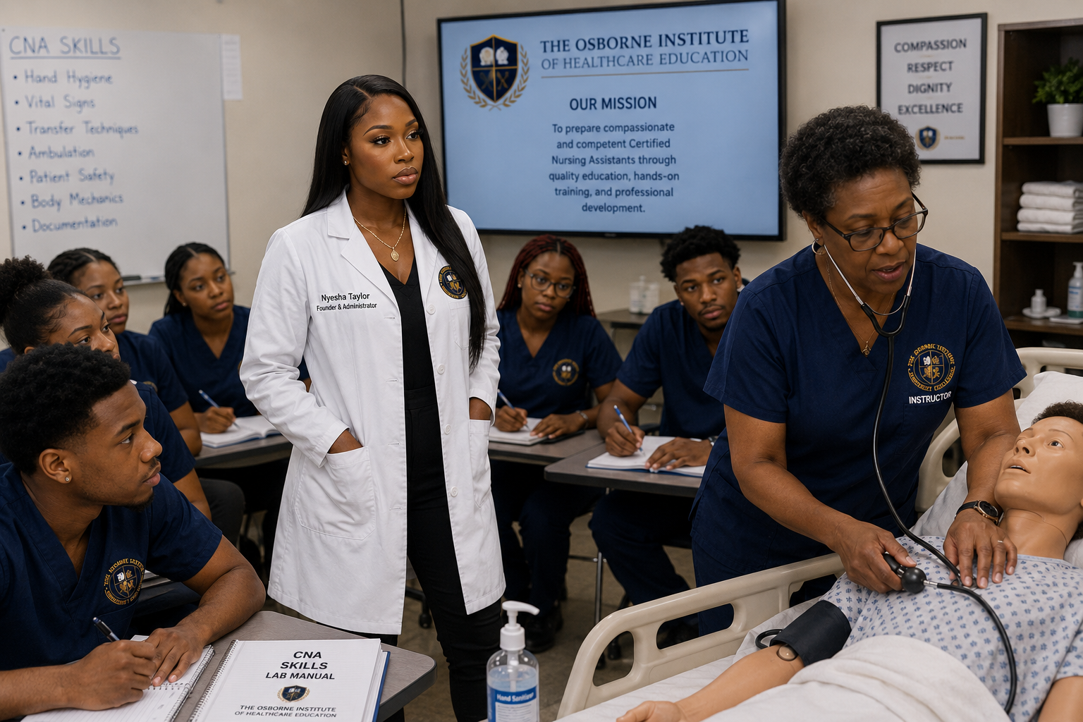 Osborne Institute instructor demonstrating clinical skills to CNA students